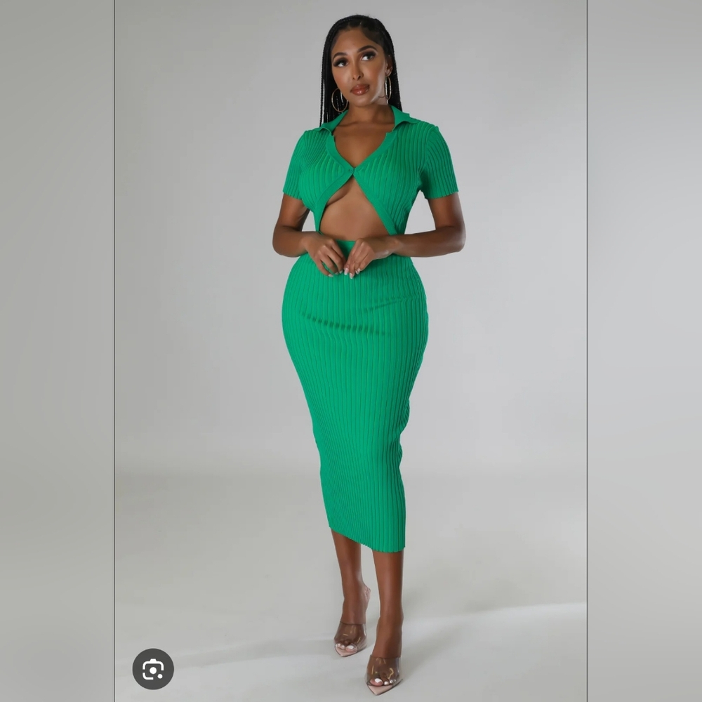 HERA COLLECTION SIMPLY PERFECT GREEN RIBBED CUT OUT DRESS SIZE LARGE NWT